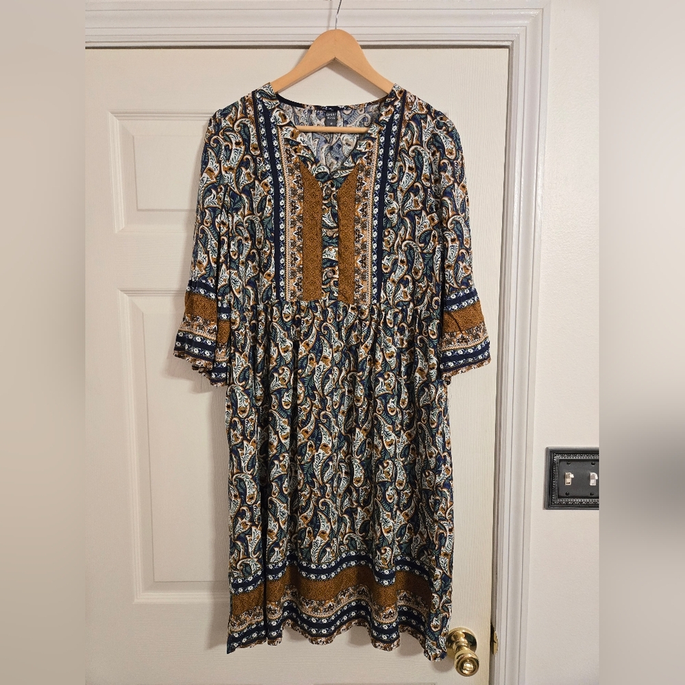 Emory Rose Women's Bohemian Paisley blue and brown Midi Dress size medium